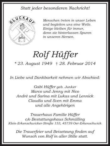 Traueranzeige von Rolf Hüffer von Medienhaus Bauer